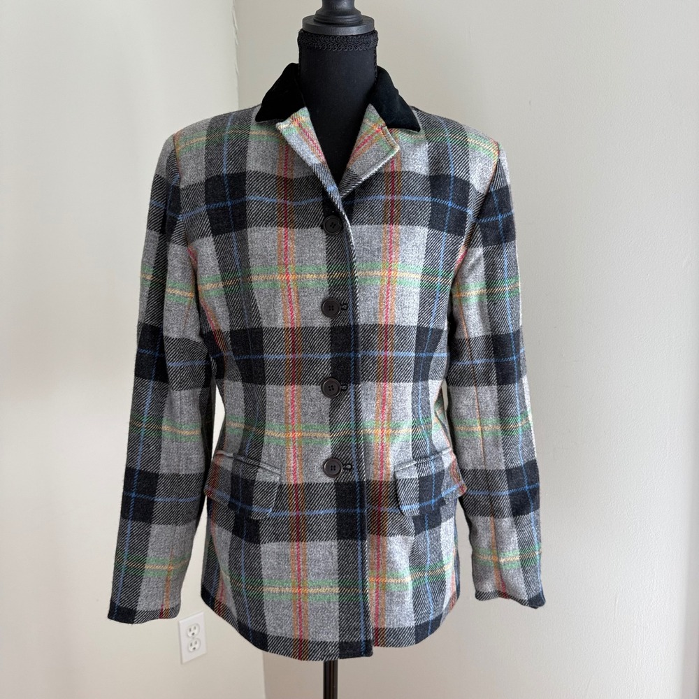 Vintage Evan Picone Lambswool Blazer Women 10 Plaid Velvet Collar Made Spain